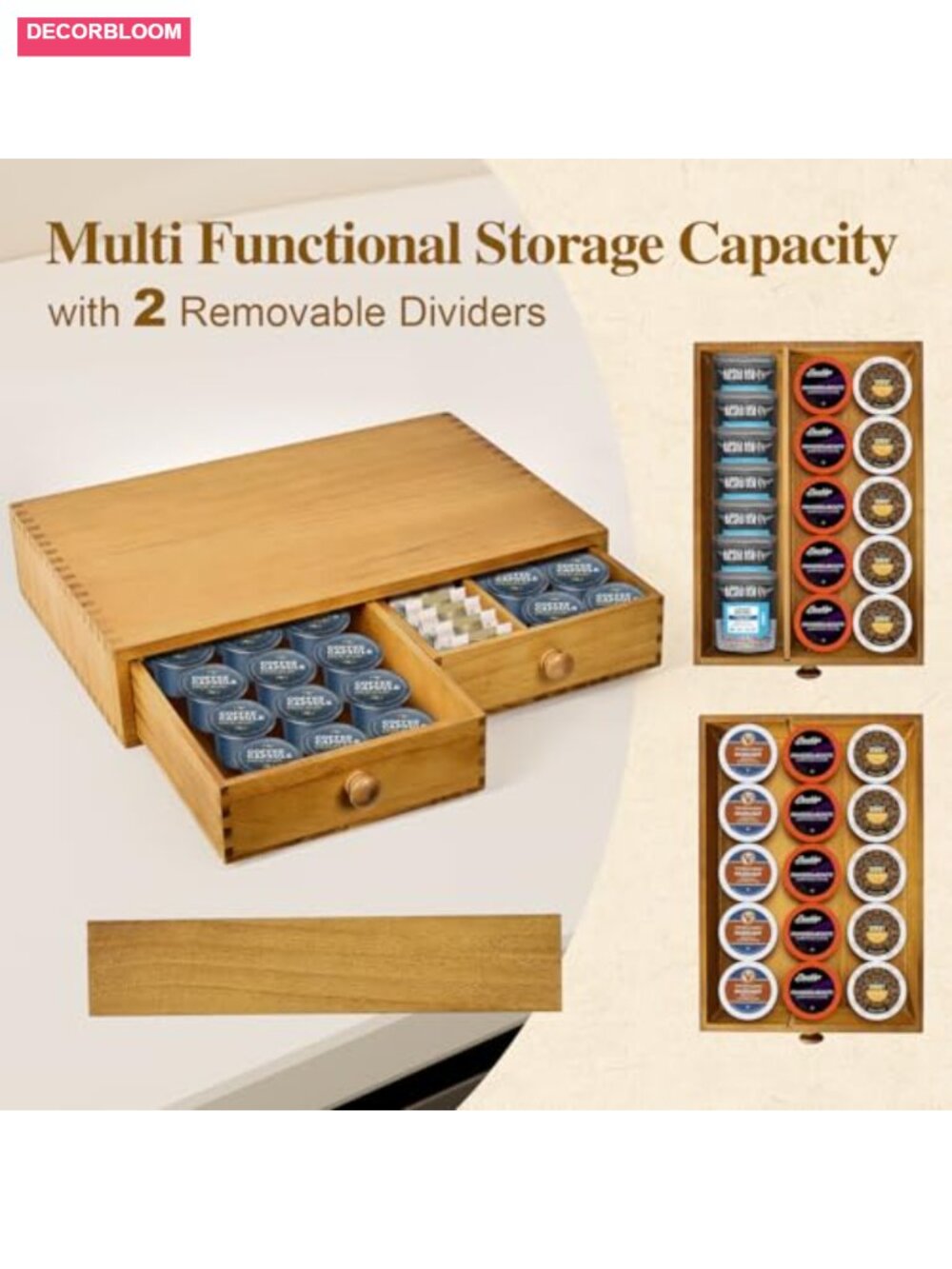 Wood K Cup and Tea Bag Storage Organizer, 2-Drawer Coffee Pod Holder - Picture 4 of 6